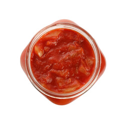 Glass jar of delicious canned lecho isolated on white, top view