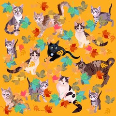 Domestic cats play among fallen leaves on a windy day. Seamless print for fabric, wallpaper in vector. Cute animals on an orange background.
