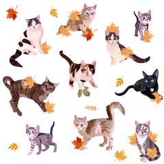Funny cats play with fallen leaves isolated on white background in vector. Natural print for fabric.