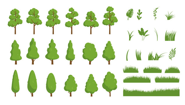 Vector tree collection - Set of flat design green cartoon trees on white background