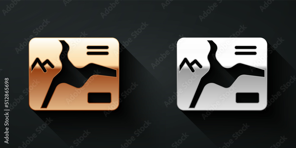Poster gold and silver topographic map with route and coordinates icon isolated on black background. long s