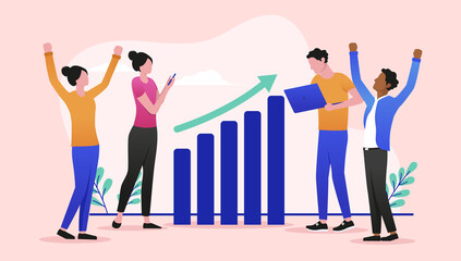 Company growth - Group of business people in casual clothes cheering and celebrating rising graph. Success concept, flat design vector illustration