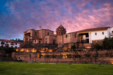 The famous archaeological site Qorikancha (Coricancha) at sunset in Cusco, Peru
