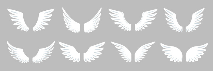Fototapeta na wymiar Angel wing flat set. Different shapes freedom heraldic symbol. Open white flying bird wings logo