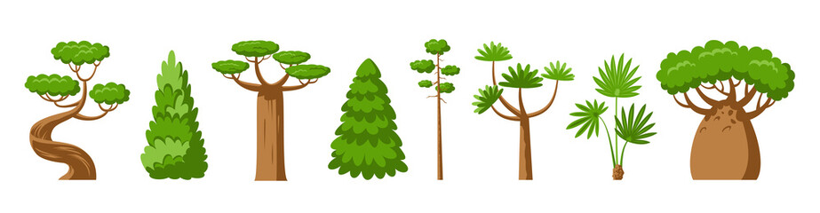 Green trees flat set. Baobab palm dracaena, sequoia pine fir, cypress spruce forest park plant sign