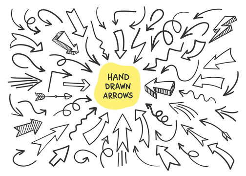 Arrows hand drawn doodle line set. Different shape curve cursor direction symbol sketch pointer