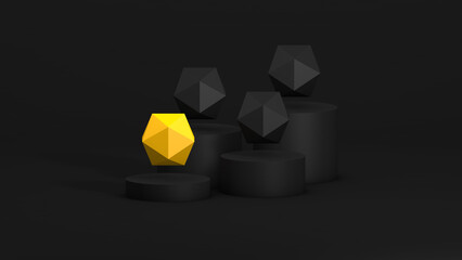 Abstract simple composition with cones of pedestals and black and gold glossy spheres. 3d render