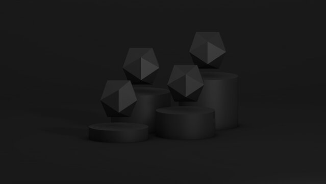Abstract simple composition with cones of pedestals and black spheres. 3d render