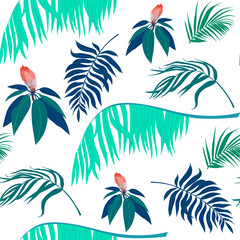 Tropical seamless pattern with palm tree and flowers leaves drawn on white background. Backdrop with foliage of jungle plants. Vector illustration.