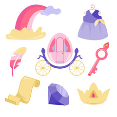 A set of princesses and fantasy icons and a design element for invitations and postcards. Cute flat fairy tale illustrations isolated on white background
