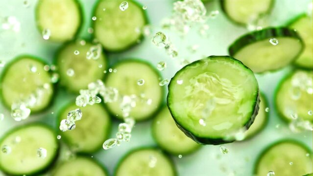 Pieces of fresh cucumber with splashes of water fly up and rotate in flight. On a green background. Filmed on a high-speed camera at 1000 fps.