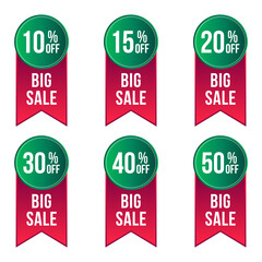 Sale tags set vector badges up to 10 off, 15,20, 30, 40, and 50 percent off big sales and discount offer banner design. 

