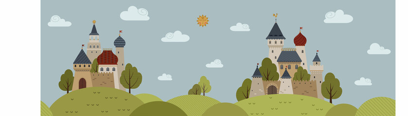 Landscape with castles and fields. Vector seamless illustration in medieval style. 