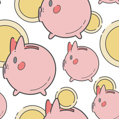 Vector seamless pattern with several piggy banks and big gold coins on a white background. Children's illustration. Economic icons with outline. Decorative composition. Saving. Passive income.