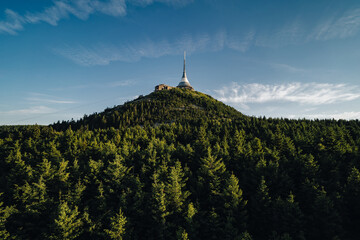 The summit of Jested mountain above city of Liberec, Czech republic. Jested, Jizerske mountains, Czechia.