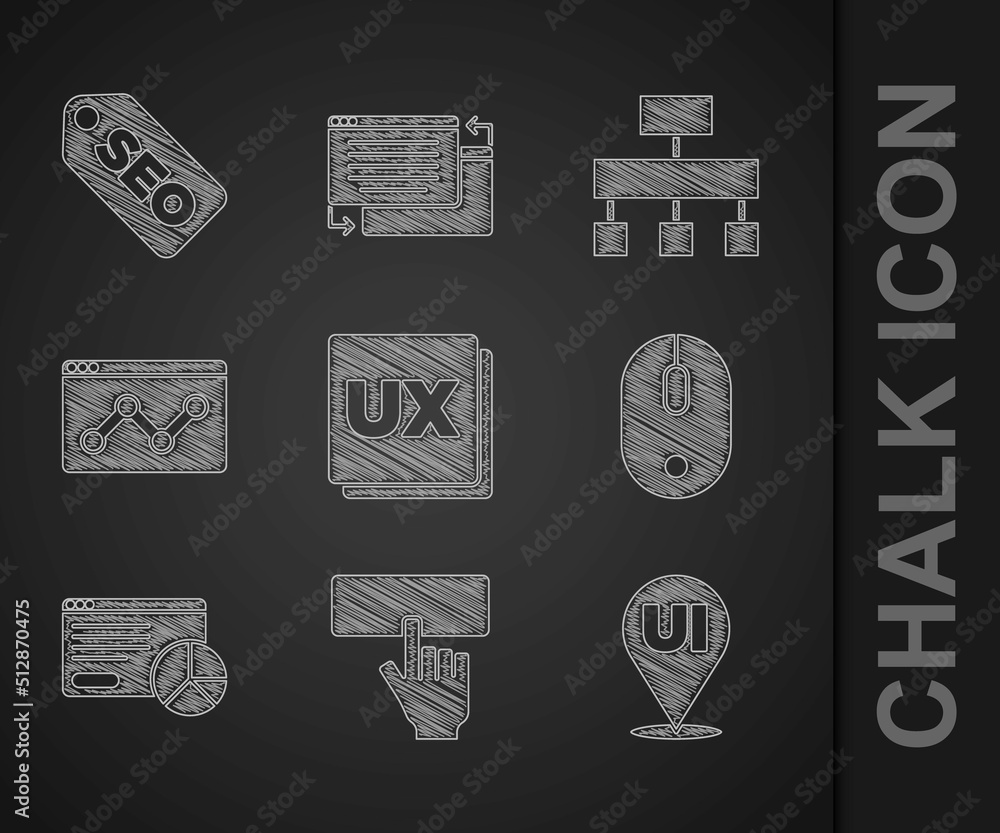 Poster set ui or ux design, keyboard, computer mouse, website statistic, site map and seo optimization icon