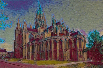Painted image of Bayeux Cathedral in Northern Frace; edited to look like a painting. 