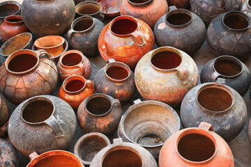 Old vintage clay pottery. Retro ceramic traditional Ukraine culture.