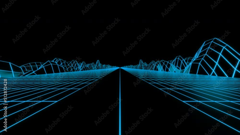 Poster retro futuristic synthwave grid background with hills on a black endless space. design. fast drive w