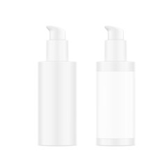 Airless pump bottle with label mockup isolated on white background. Vector illustration. Сan be used for cosmetic, medical and other needs. Symmetrical lighting scheme. EPS10.	