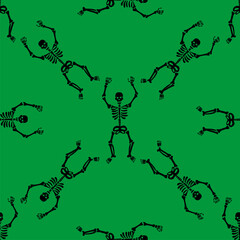 Seamless pattern with black skeletons dancing and having fun on a green background.
