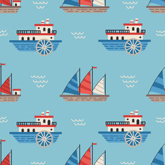 Vector sailboats and ships seamless pattern. Marine vector background. Nautical elements theme. Sea wallpaper. For children designs, textiles, packaging.