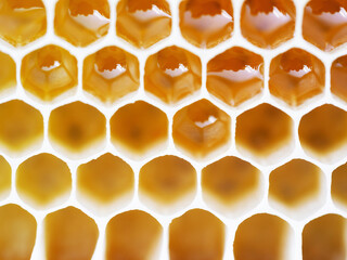 Beekeeping - close-up of cells filled with honey. Background texture and pattern of a section of...