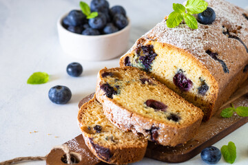 Blueberry cake on white background.