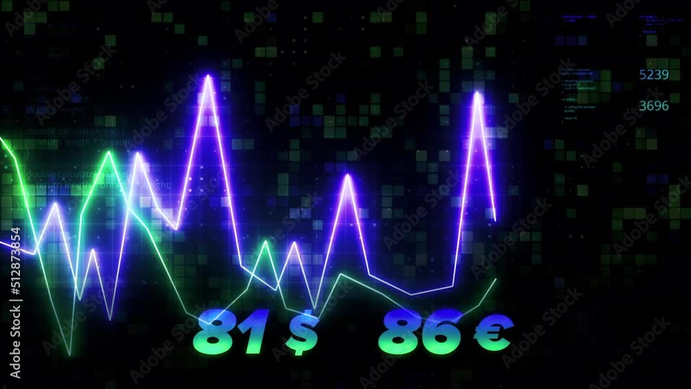 Poster currency chart . motion . the jumping dollar and euro exchange rate is shown by bright neon lines on
