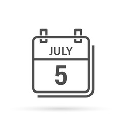 July 5, Calendar icon with shadow. Day, month. Flat vector illustration.