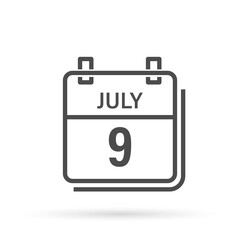 July 9, Calendar icon with shadow. Day, month. Flat vector illustration.