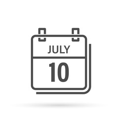 July 10, Calendar icon with shadow. Day, month. Flat vector illustration.