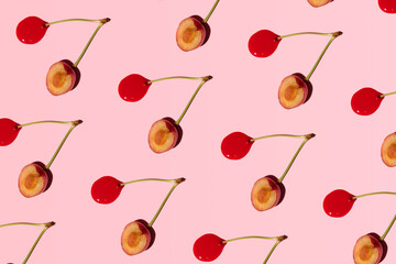 Cherries, nail polish spots and stems, creative fruity pattern on pastel pink background.