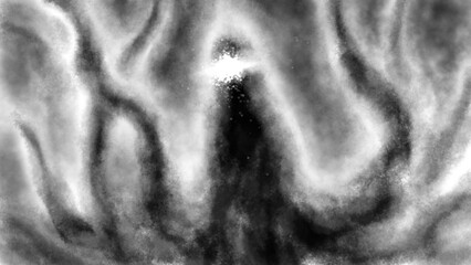 Alien octopus with shining eye. Gloomy silhouette in dark. Evil monster spooky illustration. Horror fantasy genre. Gloomy character from nightmares. © likozor