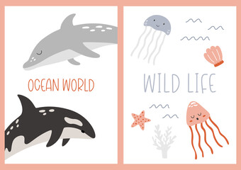 Posters with cute cartoon fish are by hand drawn. Vector illustration of a greeting card with jellyfish, killer whale, and dolphin