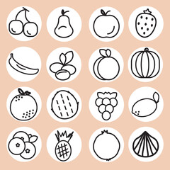 Set of sixteen fruit icons. Fruits black outlines on the white stickers, beige background. Healthy fruit eating. Vector illustration.