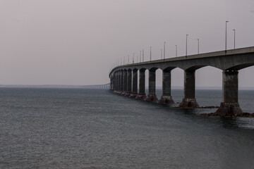 Confederation Bridge, a box girder bridge, the longest bridge on ice-covered water in Canada. It links Prince Edward Island to New Brunswick at Northumberland Strait and costed C$1.3 billion.