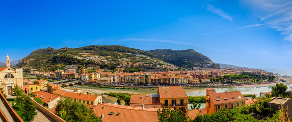 Fototapeta na wymiar Beautiful panoramic view of Ventimiglia in Italy, Liguria. Ligurian Riviera, province of Imperia