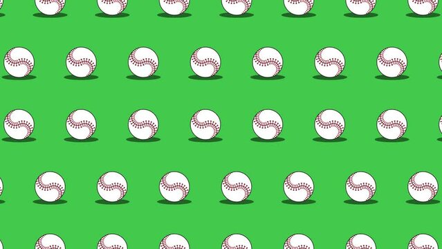 Seamless loop pattern with Baseball balls on a green background. Sport balls in seamless loop animation. Endless activity motion graphic background