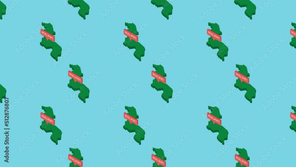 Aufkleber green isometric maps of country malawi with orange pointer on a blue background. seamless loop horiz