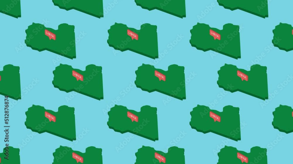 Aufkleber green isometric maps of country libya with orange pointer on a blue background. seamless loop horizo