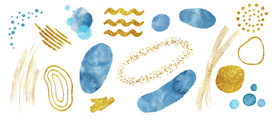 Watercolor blue abstract shapes with golden textured splash. Marine vibe. Isolated on white background. Nature decor. Design element.