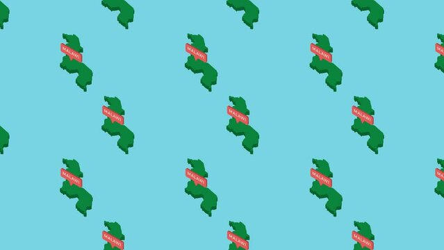 Green isometric maps of country Malawi with orange pointer on a blue background. Seamless loop horizontal movement of fake 3d geographic map concept