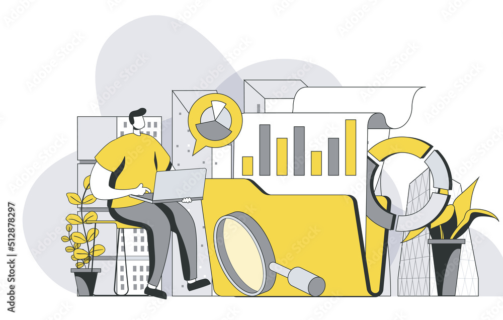 Poster big data analysis concept with outline people scene. man analyzes statistics and researches graphs a