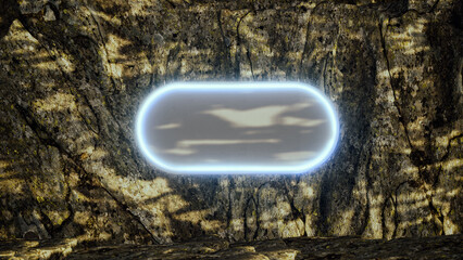 Futuristic pedestal or platform for display.3d rendering. Abstract empty stage with glow light in rock or stone scene with trobical shadow. Neon podium in 3d desart scene for showcase and proudact.