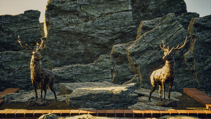 Stone podium in desart with epic Deer Statue in sunset and great scene. Showcase proudact 3d rendering. Backdrop in sunrise with statues for grateful silver deers. red blocks on black stone scene 3D.