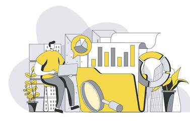 Big data analysis concept with outline people scene. Man analyzes statistics and researches graphs and databases, planning and strategy. Illustration in flat line design for web template