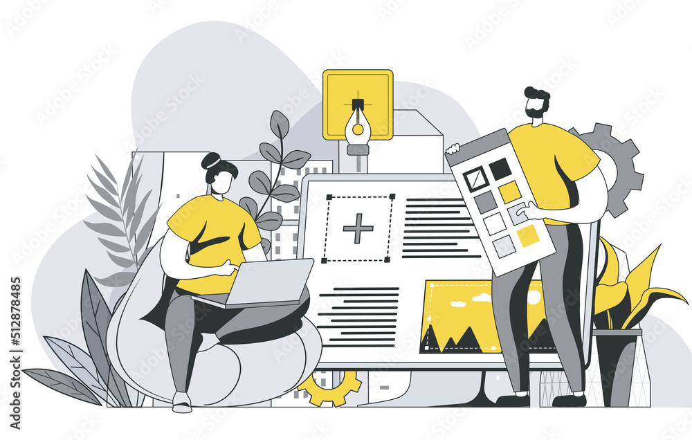 Poster designers agency concept with outline people scene. man and woman working on project, creating graph