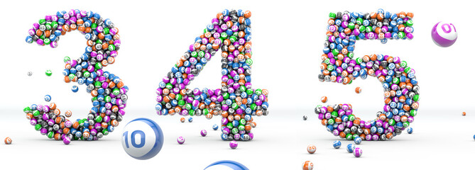 Alfabet lottery balls. Numbers 3, 4, 5. 3D illustration. Bingo alphabet 3D isolated in white background. © wesleyyaya