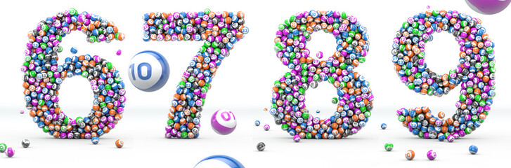 Alfabet lottery balls. Numbers 6, 7, 8, 9. 3D illustration. Bingo alphabet 3D isolated in white background. © wesleyyaya